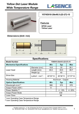 Bauarbeiten 574nm Gelber Laser 8mW 10mW DPSS Laser hohe Stabilität Ersatzteile Typ Laserkomponente